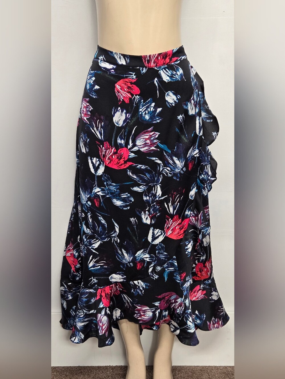 Jennifer Lopez L Maxi Skirt Faux Wrap Ruffle Floral Partial Elastic Waist Flowy